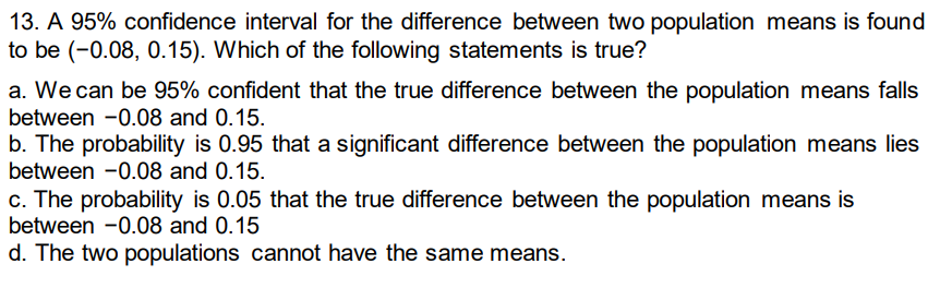 Solved 13. A 95% confidence interval for the difference | Chegg.com