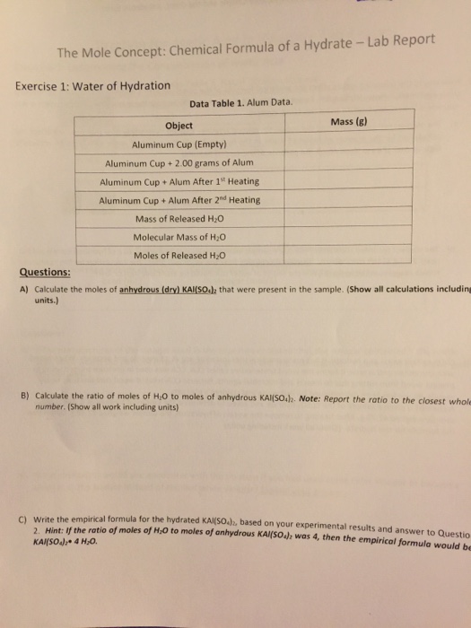 The Mole Concept Chemical Formula of a Hydrate Lab