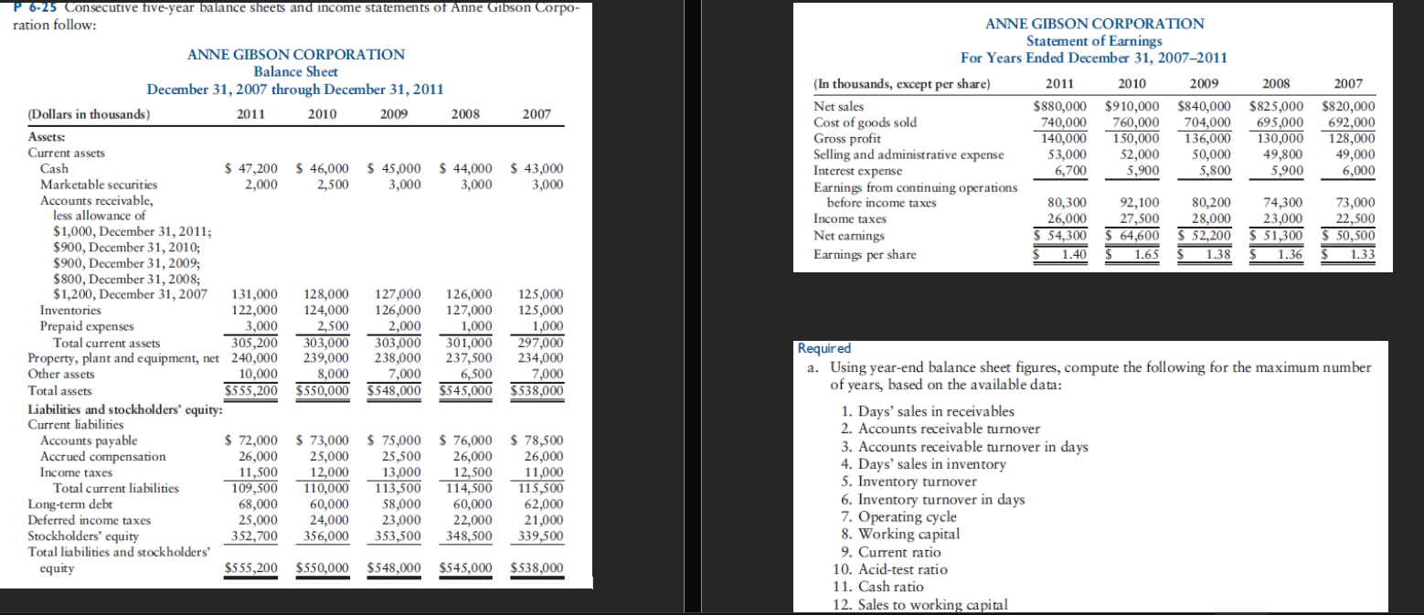 Solved P6 25 Consecutive Five Year Balance Sheets And Income 6849