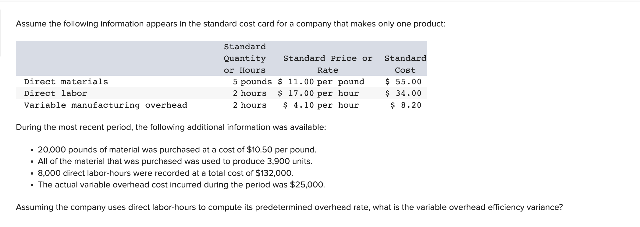 Assume the following information appears in the standard cost card for a company that makes only one product:
During the most