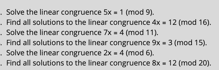 Solved Solve The Linear Congruence 5x≡1(mod9). Find All | Chegg.com