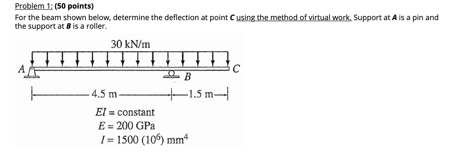 Solved Problem 1: (50 points) For the beam shown below, | Chegg.com