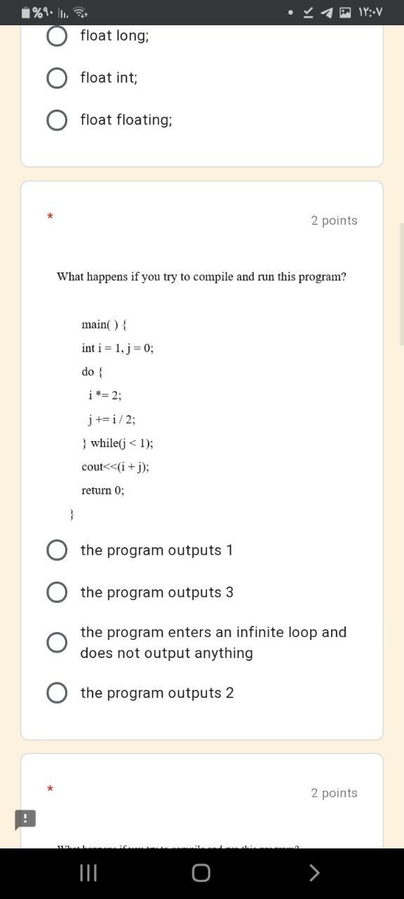 Solved 1%9... ۱۲:۰۷ float long; float int; float floating; 2 | Chegg.com