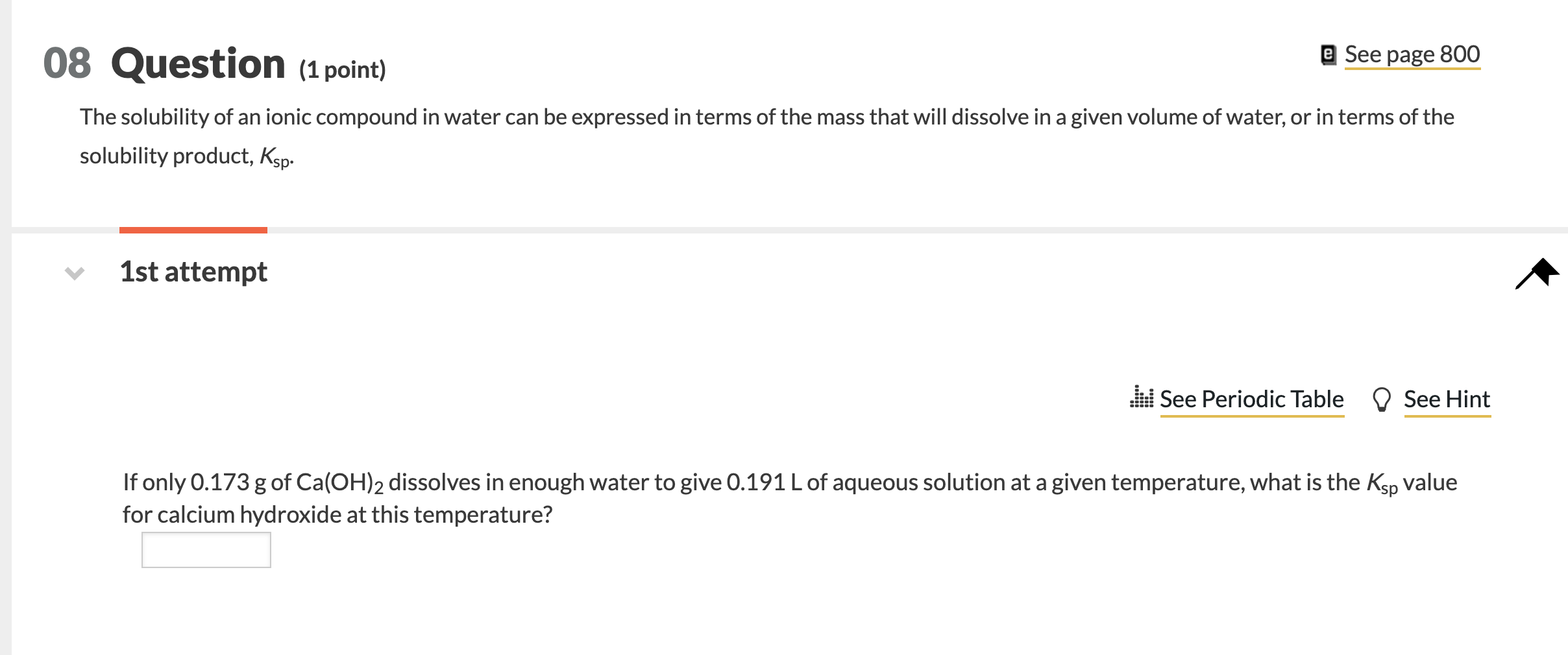 Solved 08 Question (1 point) e See page 800 The solubility | Chegg.com