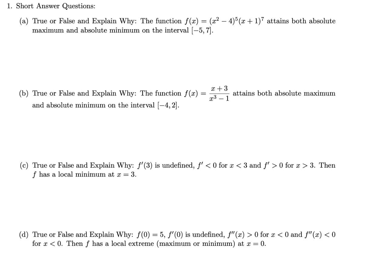 Solved 1. Short Answer Questions: (a) True or False and | Chegg.com