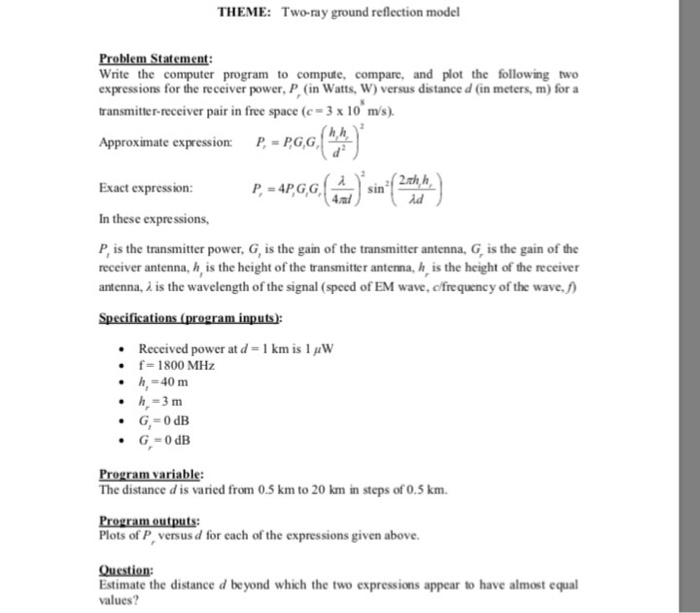 THEME: Two-ray ground reflection model Problem | Chegg.com