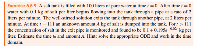 Solved Exercise 5.5.9 A salt tank is filled with 100 liters | Chegg.com