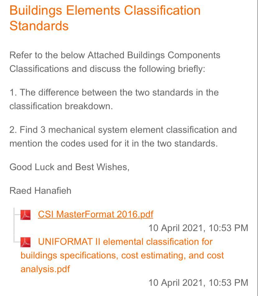 Buildings Elements Classification Standards Refer to | Chegg.com