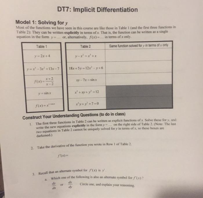 Solved DT7: Implicit Differentiation Model 1: Solving for y | Chegg.com