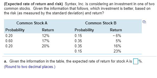 Solved (Expected rate of return and risk) Syntex, Inc. is | Chegg.com