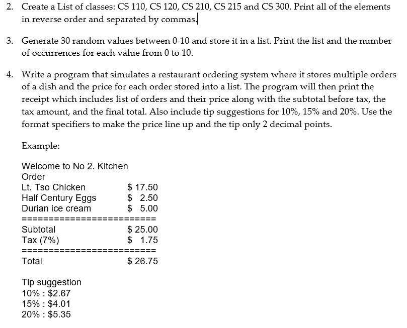 Solved 2. Create a List of classes: CS 110, CS 120, CS 210, | Chegg.com