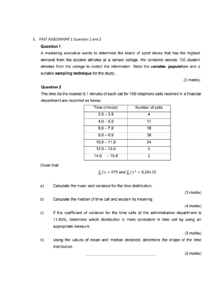 Solved 3. PAST ASSESSMENT 1 Question 1 and 2 Question 1 A | Chegg.com