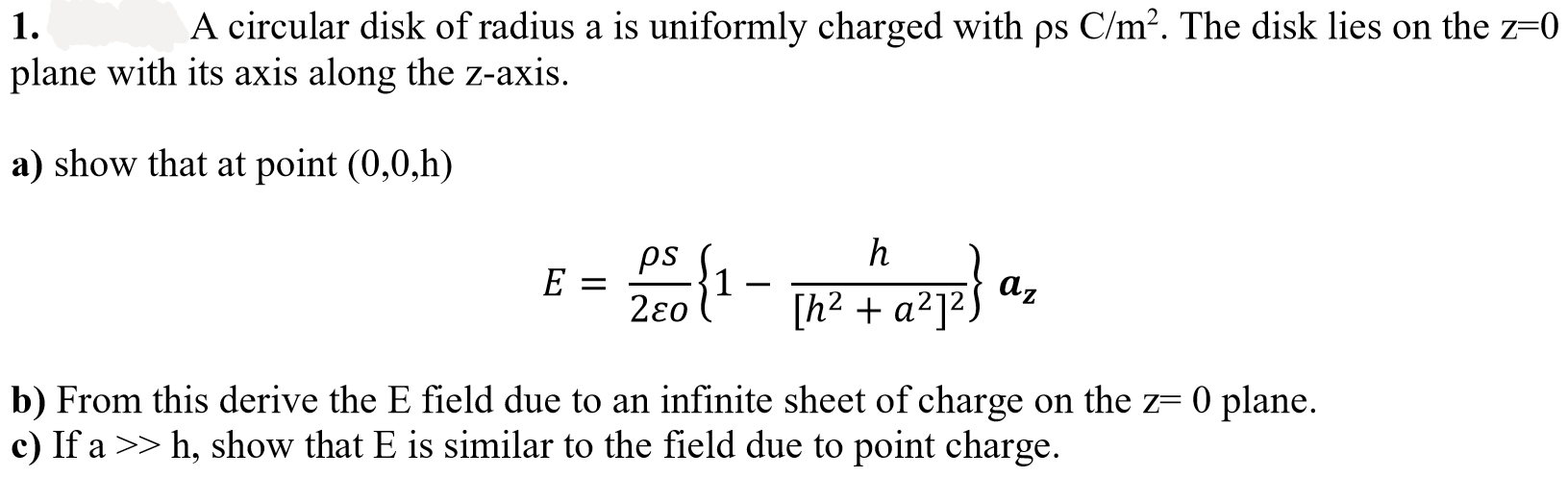 Solved 1. A Circular Disk Of Radius A Is Uniformly Charged | Chegg.com