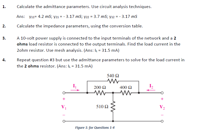 Solved 1. Calculate the admittance parameters. Use circuit | Chegg.com