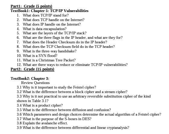 Solved Part1: Grade (5 points) TextBook1: Chapter 5: TCP/IP | Chegg.com