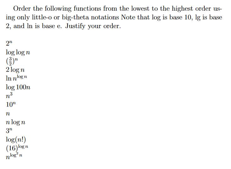 Solved Order The Following Functions From The Lowest To The | Chegg.com