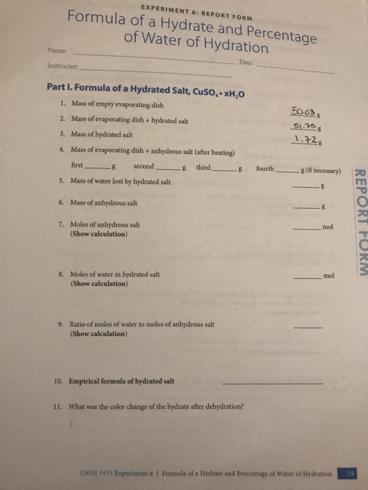 experiment 6 formula of a hydrate