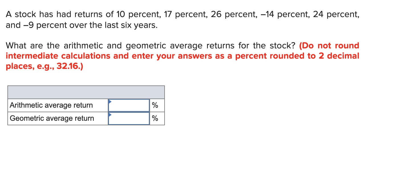 Solved A stock has had returns of 10 percent, 17 percent, 26 | Chegg.com