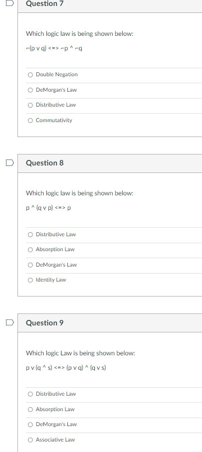 Solved Which logic law is being shown below: r(p∨q) −p∧−q | Chegg.com