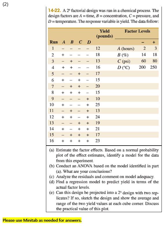 (2) + > - 14-22. A 24 Factorial Design Was Run In A | Chegg.com