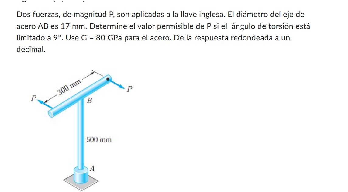 Dos fuerzas, de magnitud \( \mathrm{P} \), son aplicadas a la llave inglesa. El diámetro del eje de acero \( A B \) es \( 17