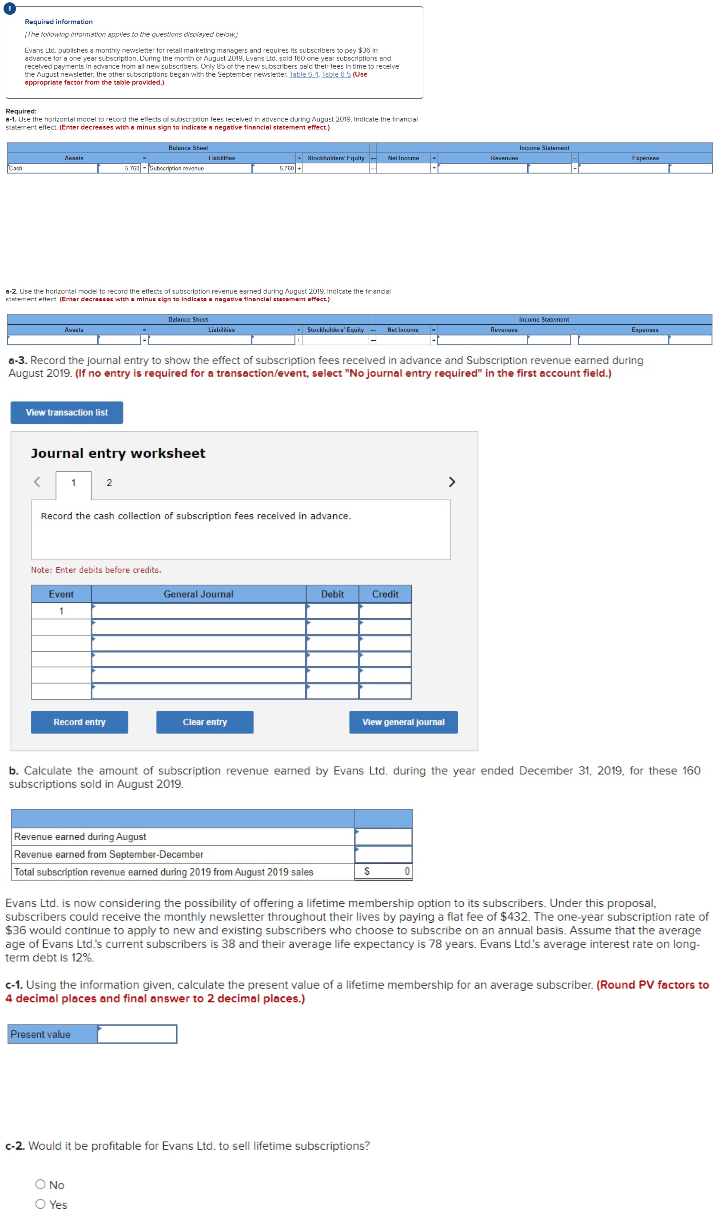 a-2. Use the horizontal model to record the effects of subscription revenue earned during August 2019. Indicate the financial