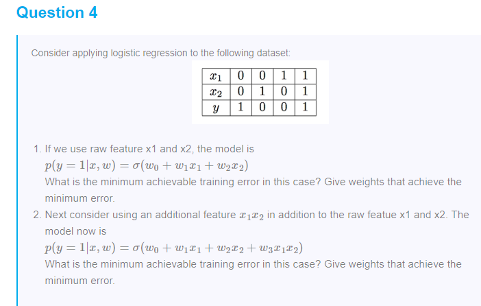 Solved Question 4 Consider Applying Logistic Regression To | Chegg.com