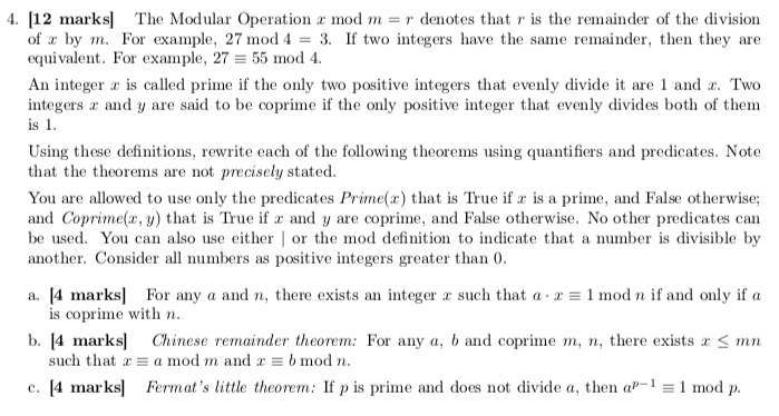 Solved 4. [12 marks] The Modular Operation x mod m = r