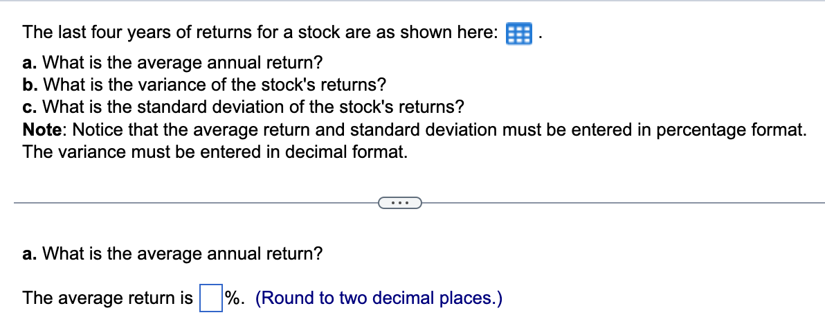 Solved The last four years of returns for a stock are as | Chegg.com