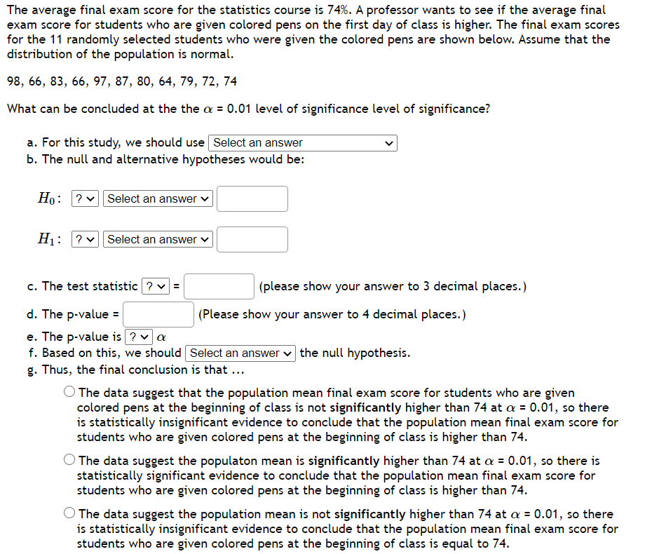 Solved The average final exam score for the statistics | Chegg.com