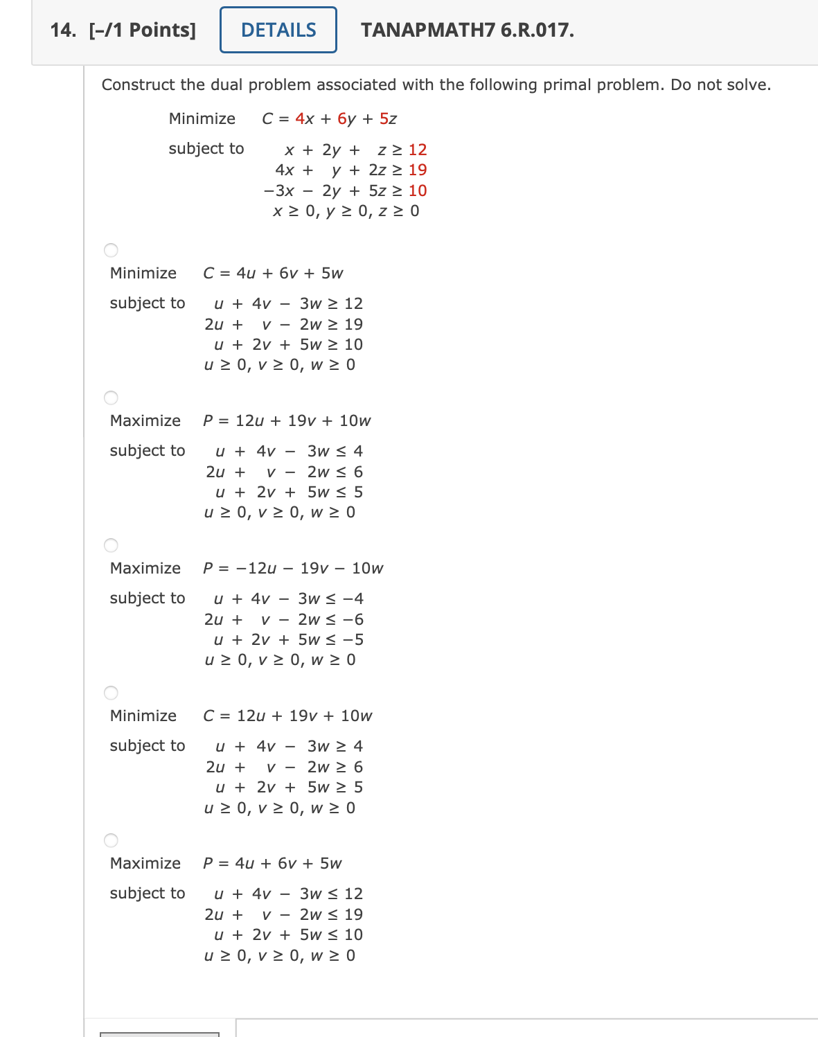 Solved [ 1 Points] Tanapmath7 6 R 017 Construct The Dual