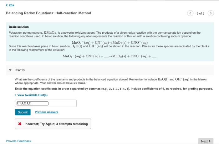 Solved 20a Balancing Redox Equations: Half-reaction Method | Chegg.com