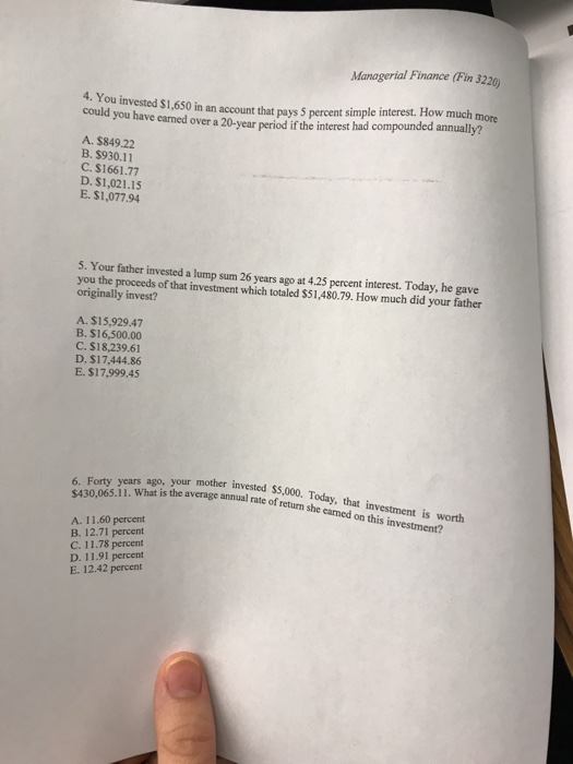 Solved Managerial Finance (Fin 3220 4. You Invested $1,650 | Chegg.com