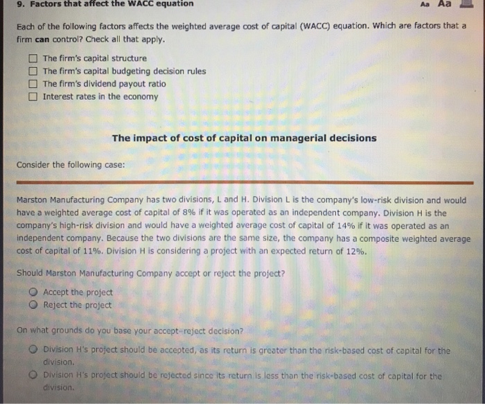 Solved 9. Factors that affect the WACC equation Each of the | Chegg.com