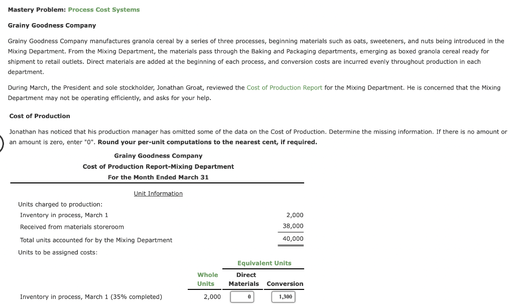 Solved Mastery Problem Process Cost Systems Grainy Goodness