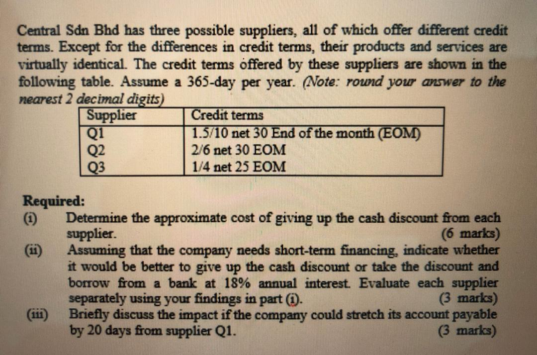 Solved Central Sdn Bhd Has Three Possible Suppliers All Of Chegg Com