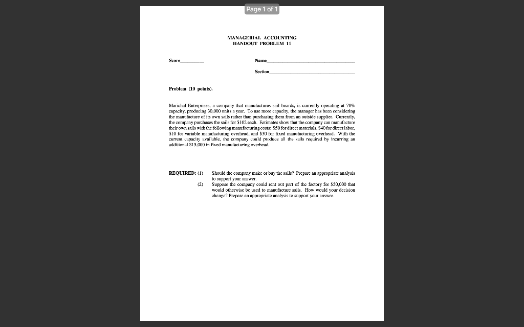 Solved Page 1 of 1 MANAGERIAL ACCOUNTING HANDOUT PROBLEM 11 | Chegg.com