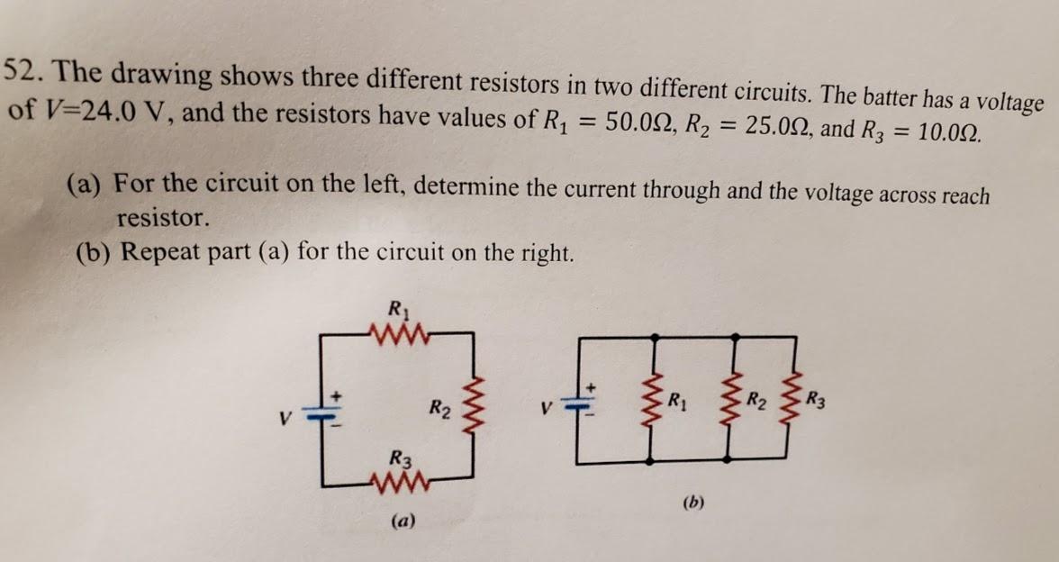 Solved 52. The drawing shows three different resistors in | Chegg.com