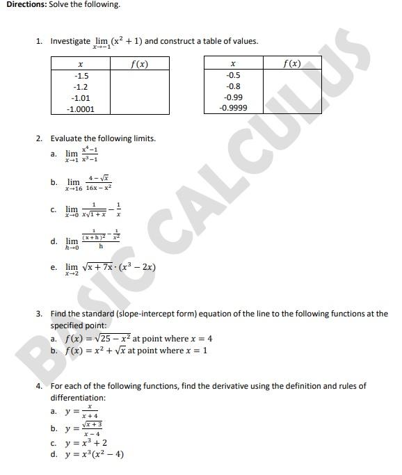 Solved Directions Solve The Following 1 Investigate Lim Chegg Com