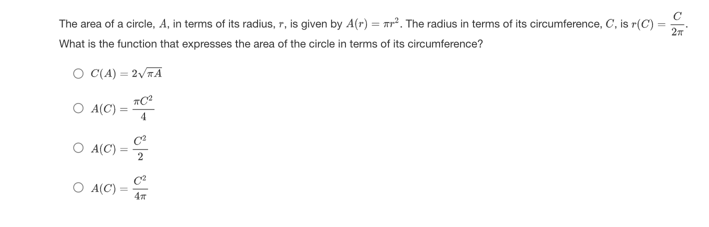 Solved The area of a circle, A, in terms of its radius, r, | Chegg.com