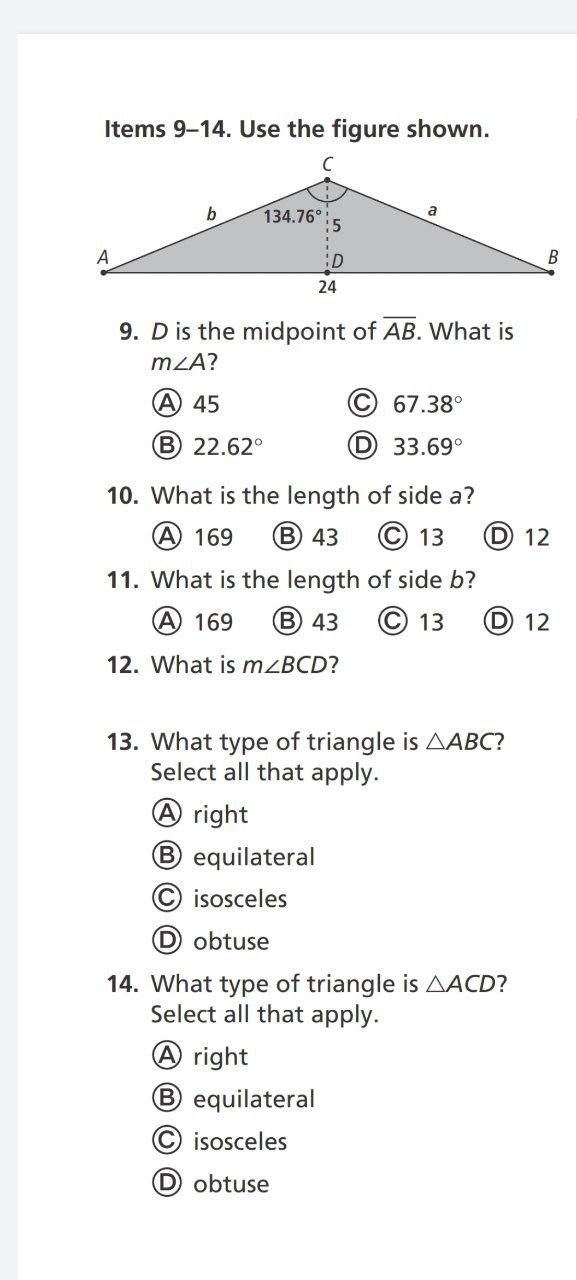 Solved Items 9–14. Use the figure shown. C b 134.76° А B D | Chegg.com