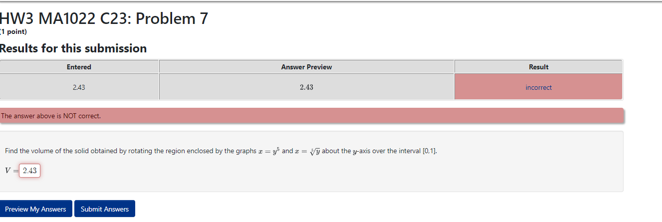 Solved HW3 MA1022 C23: Problem 7 1 Point) Results For This | Chegg.com