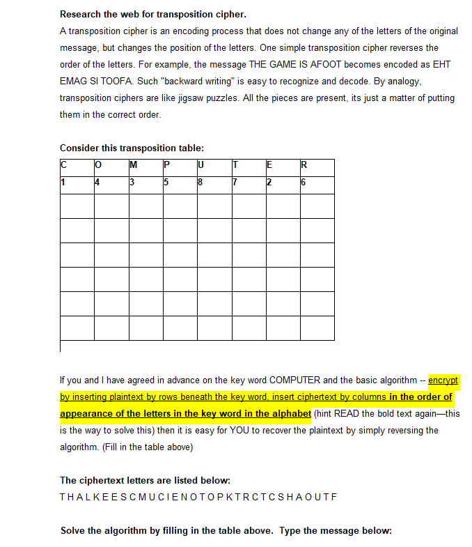 Solved Research the web for transposition cipher. A | Chegg.com