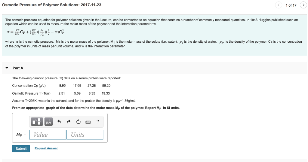 Solved Osmotic Pressure of Polymer Solutions 20171123 1