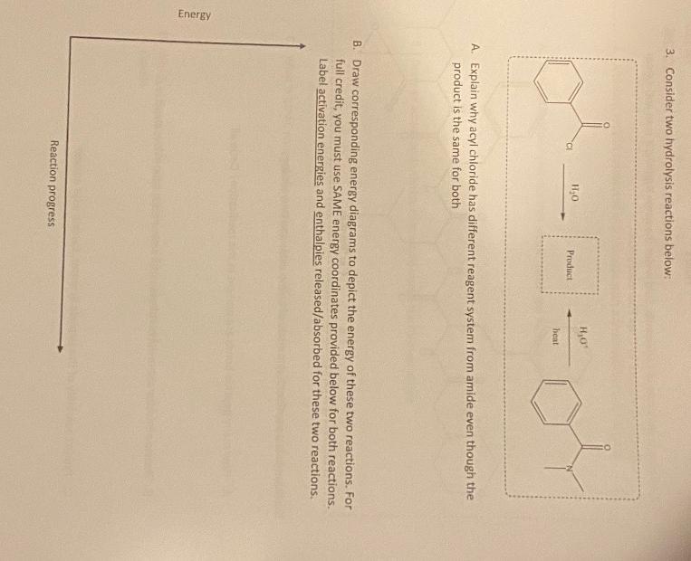 3. Consider two hydrolysis reactions below:
A. Explain why acyl chloride has different reagent system from amide even though 