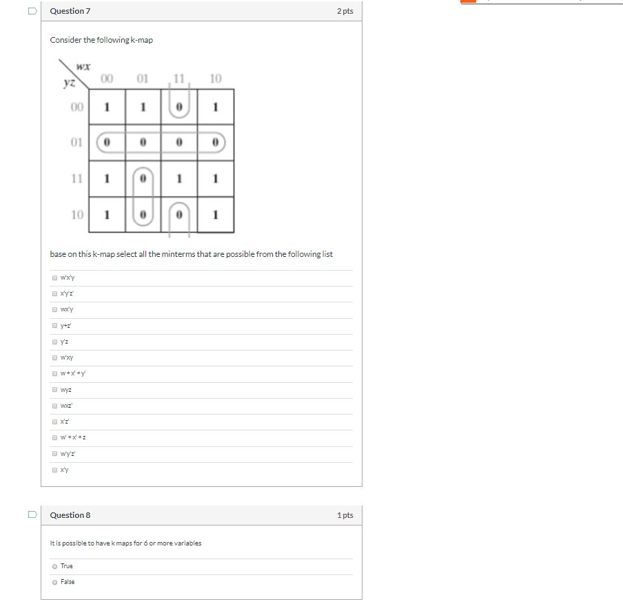 Solved Question 7 2 pts Consider the following k-map 00 01 | Chegg.com