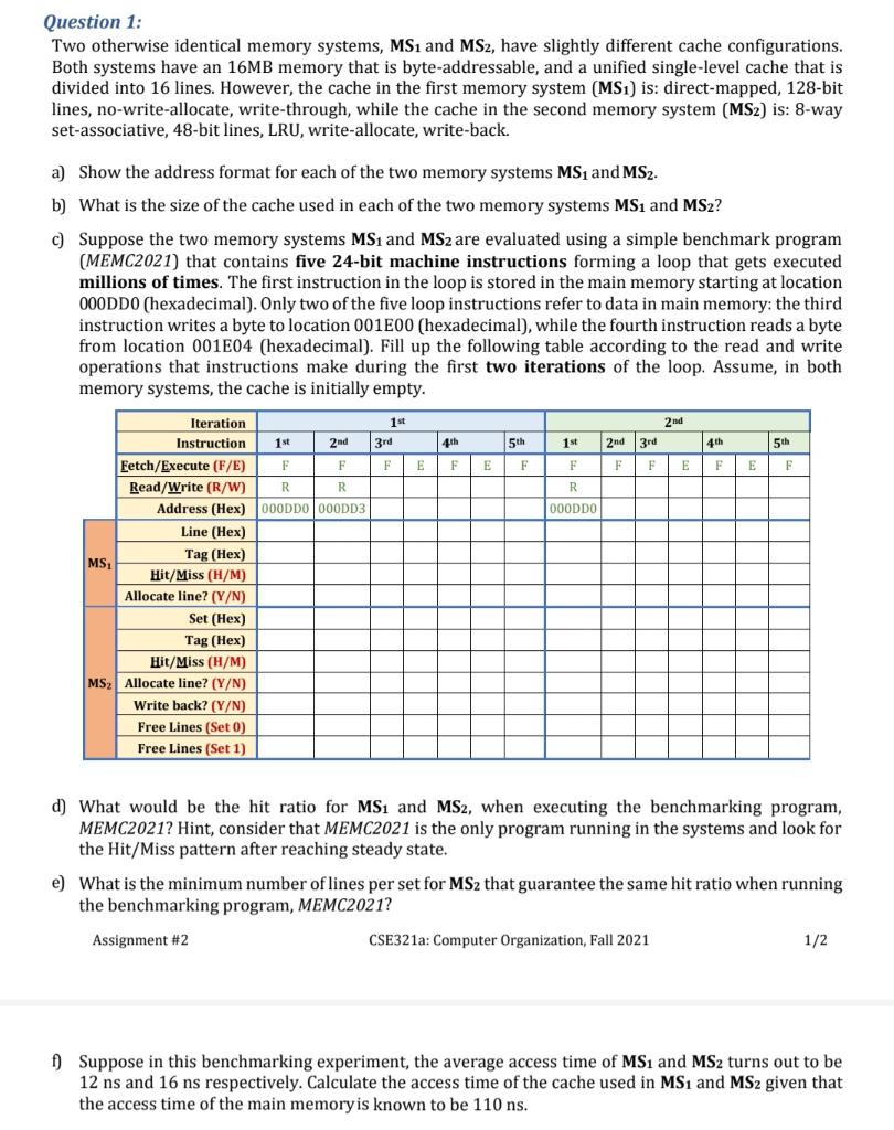 Solved Question 1: Two otherwise identical memory systems, | Chegg.com