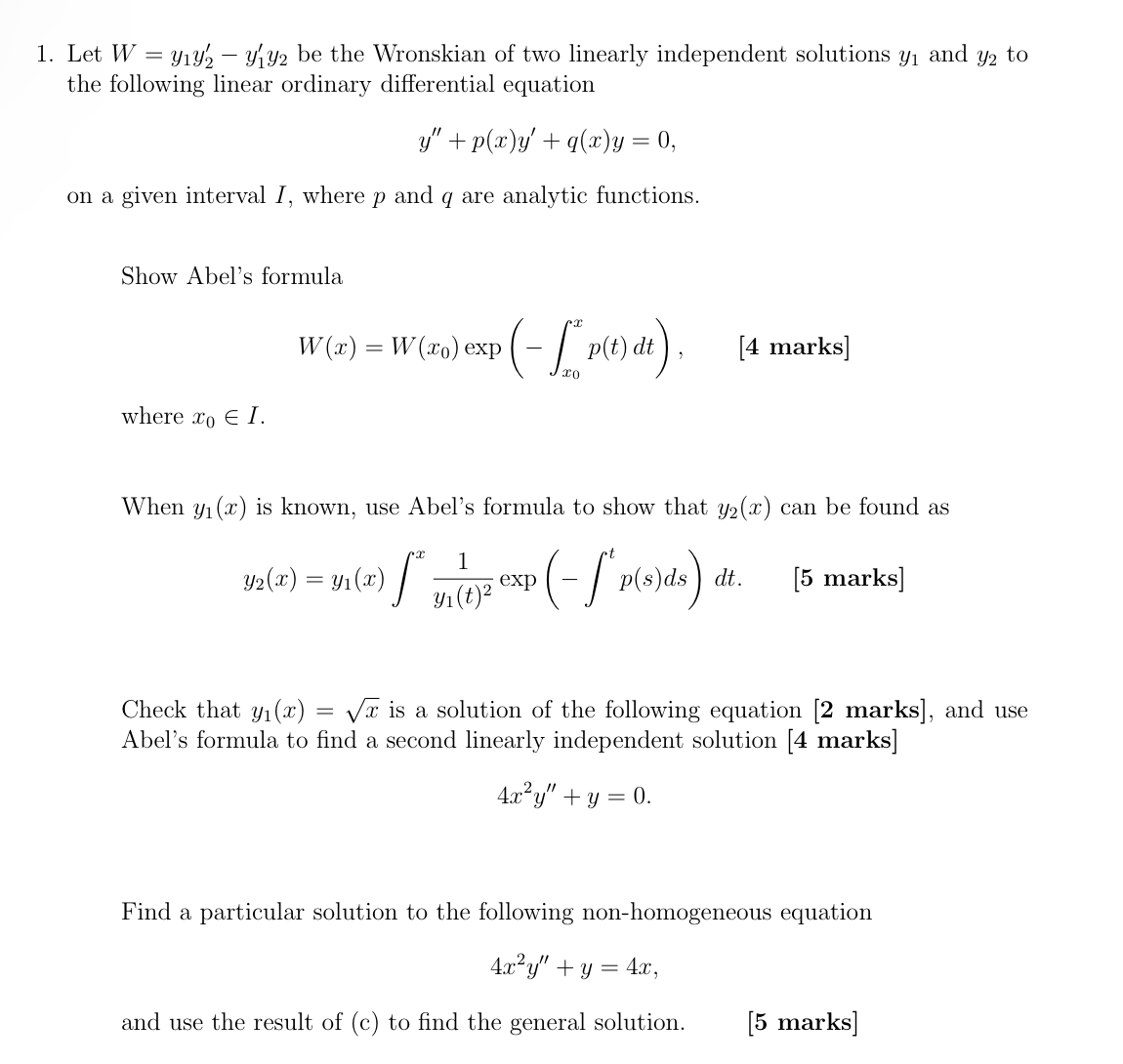 Solved 1 Let Wy1y2′−y1′y2 Be The Wronskian Of Two Linearly 4269