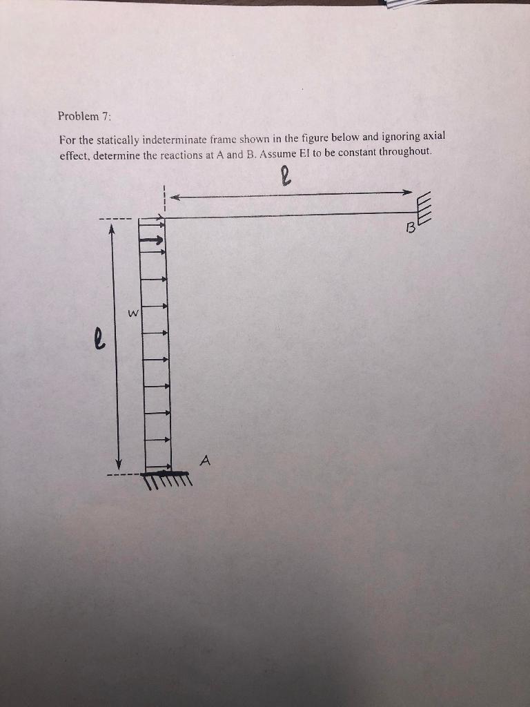 Problem 7:
For the statically indeterminate frame shown in the figure below and ignoring axial effect, determine the reaction