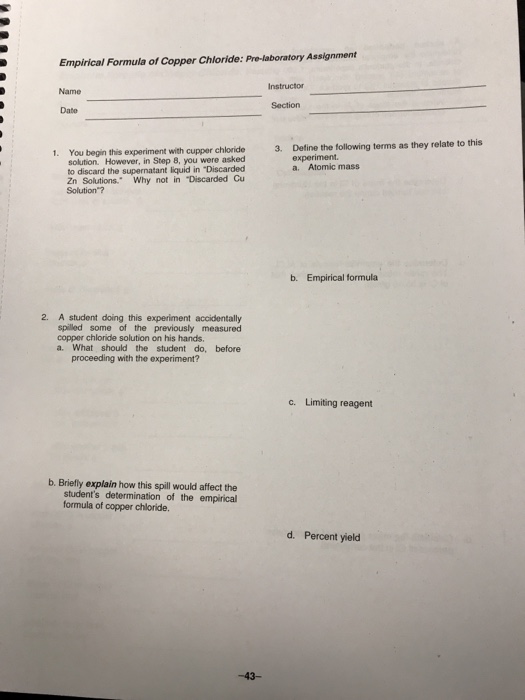 Solved Empirical Formula of Copper Chloride Prelaboratory